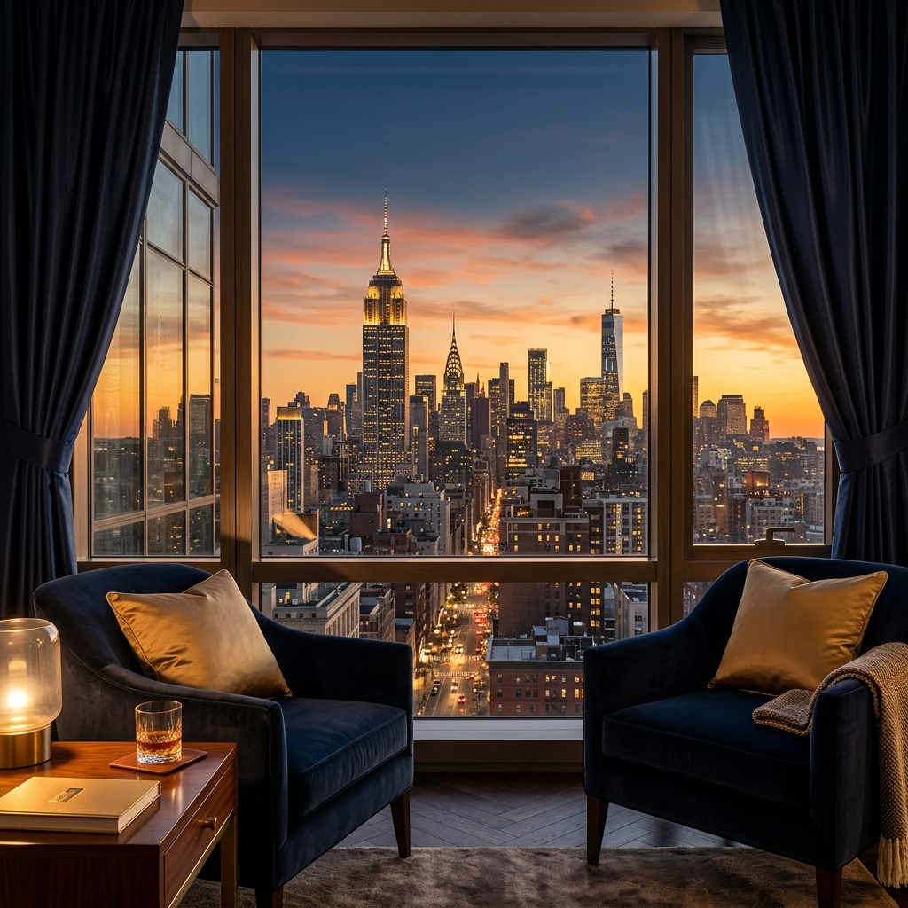 New York City skyline at golden hour